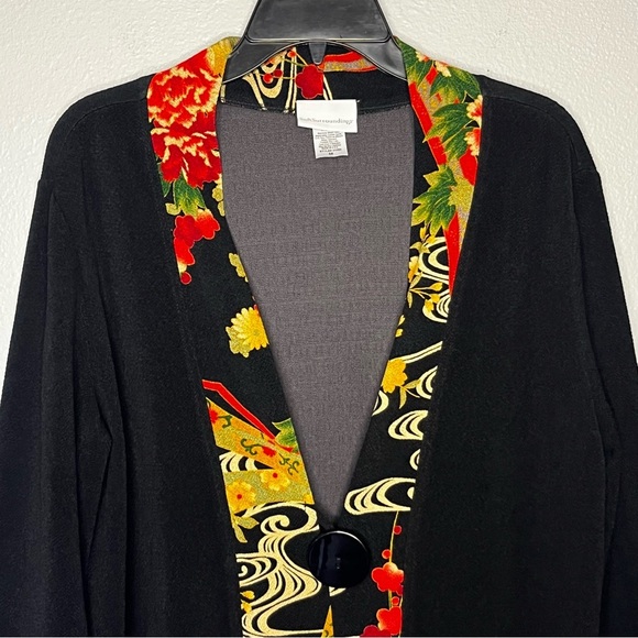 Soft Surroundings Floral Trim Border Cardigan Button Medium Black 3/4 Sleeve - Picture 2 of 8